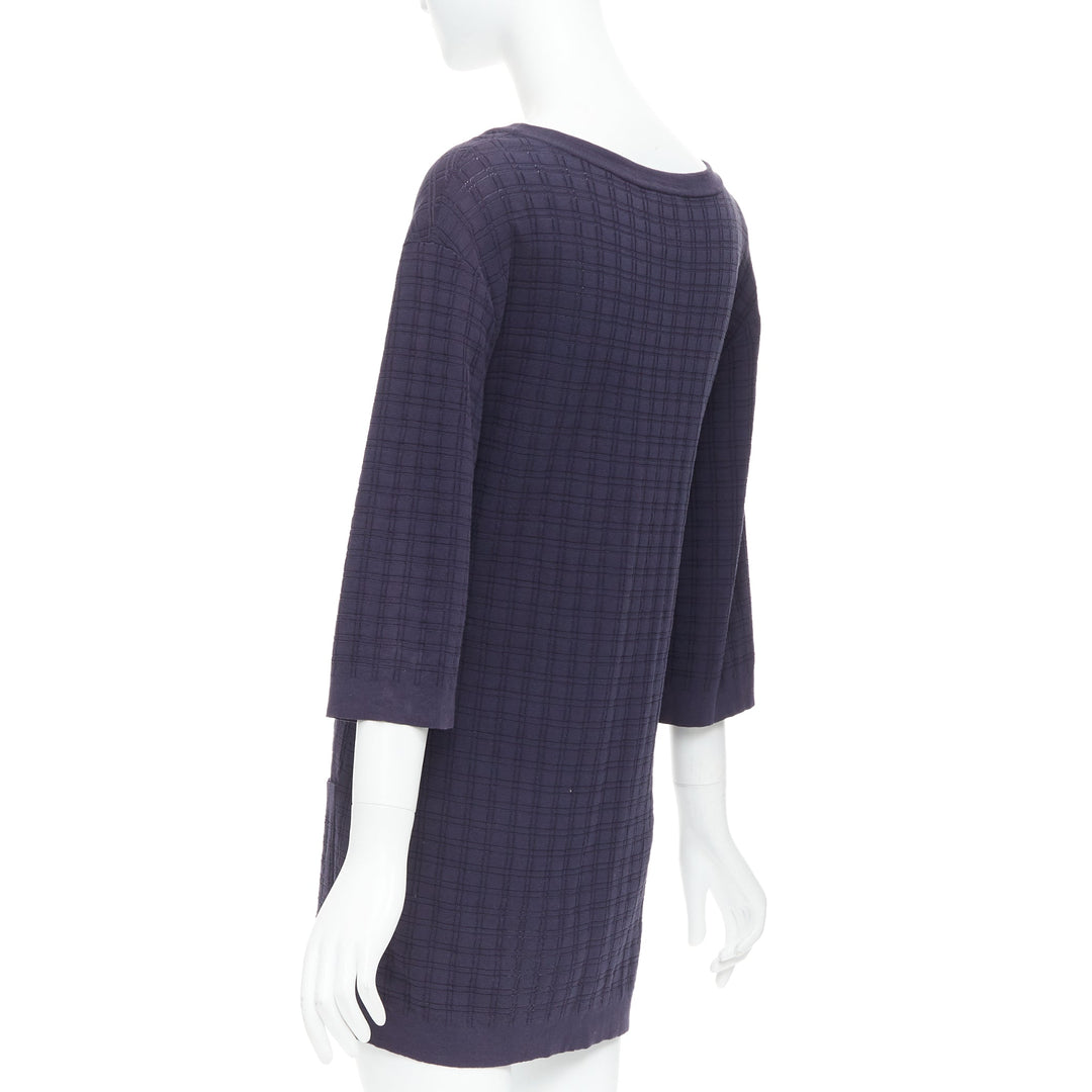 CHANEL navy cotton grid knit gold CC button 2 pocket mini dress FR36 S