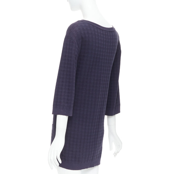 CHANEL navy cotton grid knit gold CC button 2 pocket mini dress FR36 S
