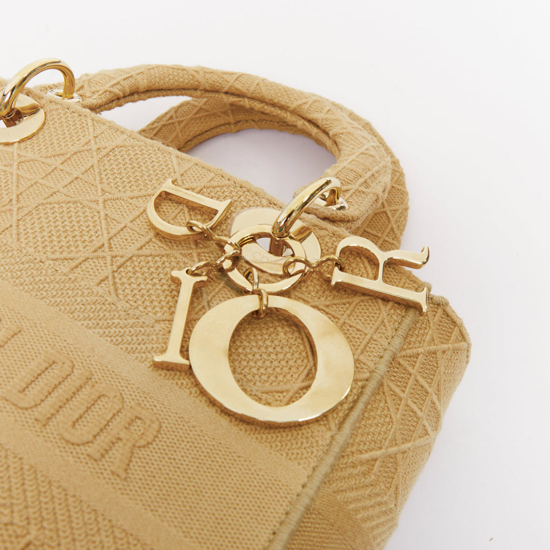 CHRISTIAN DIOR Lady D-Lite Medium Cannage beige canvas CD charm top handle bag