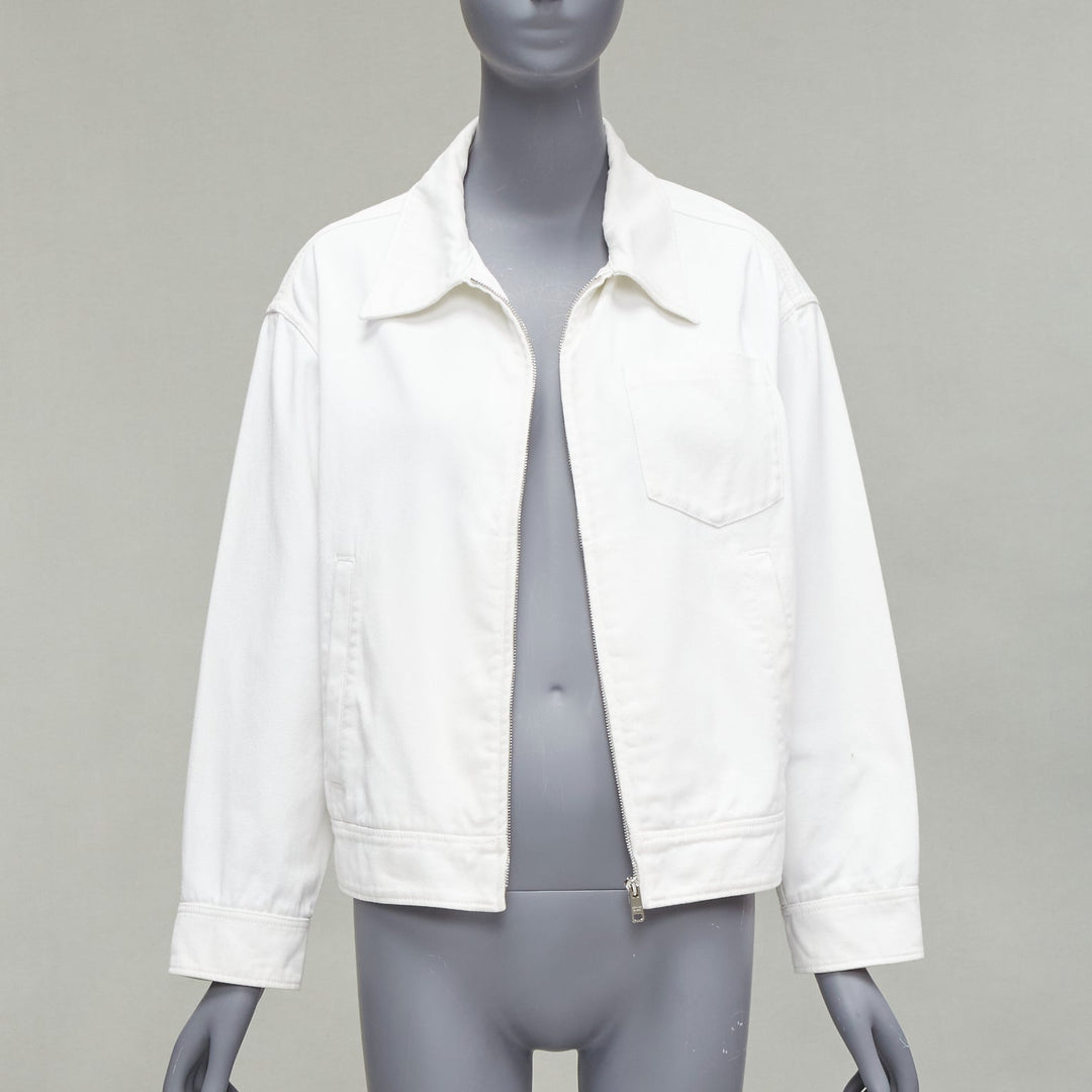 PRADA 2021 white denim 3D logo back pocketed cropped zip up jacket M