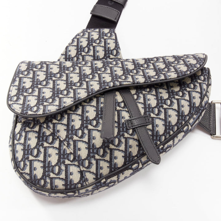 CHRISTIAN DIOR blue black CD logo monogram oblique canvas sadde shoulder bag