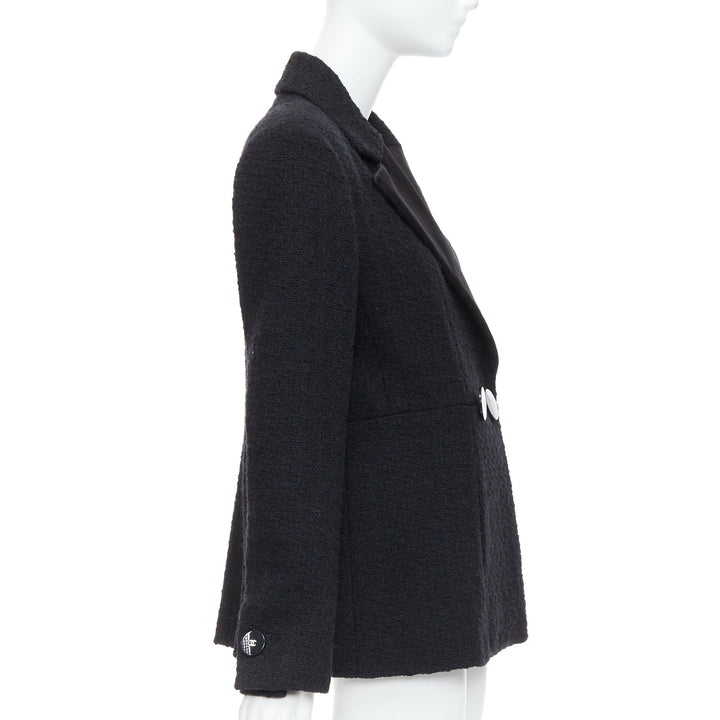 CHANEL 17A Runway Cosmopolite black tweed double breasted tuxedo jacket FR44