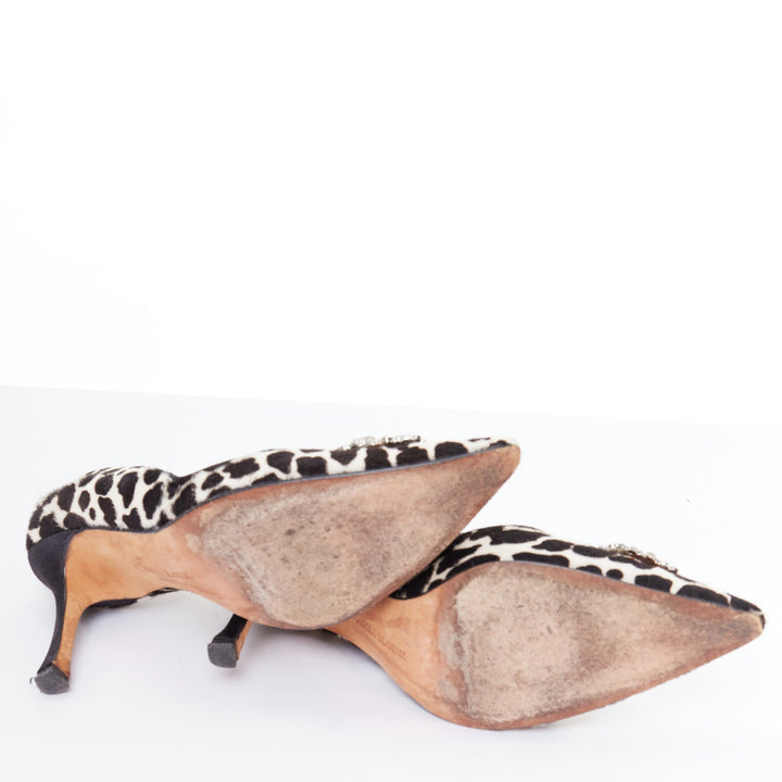 MANOLO BLAHNIK Vintage cow spot ponyhair crystal buckle pumps EU37