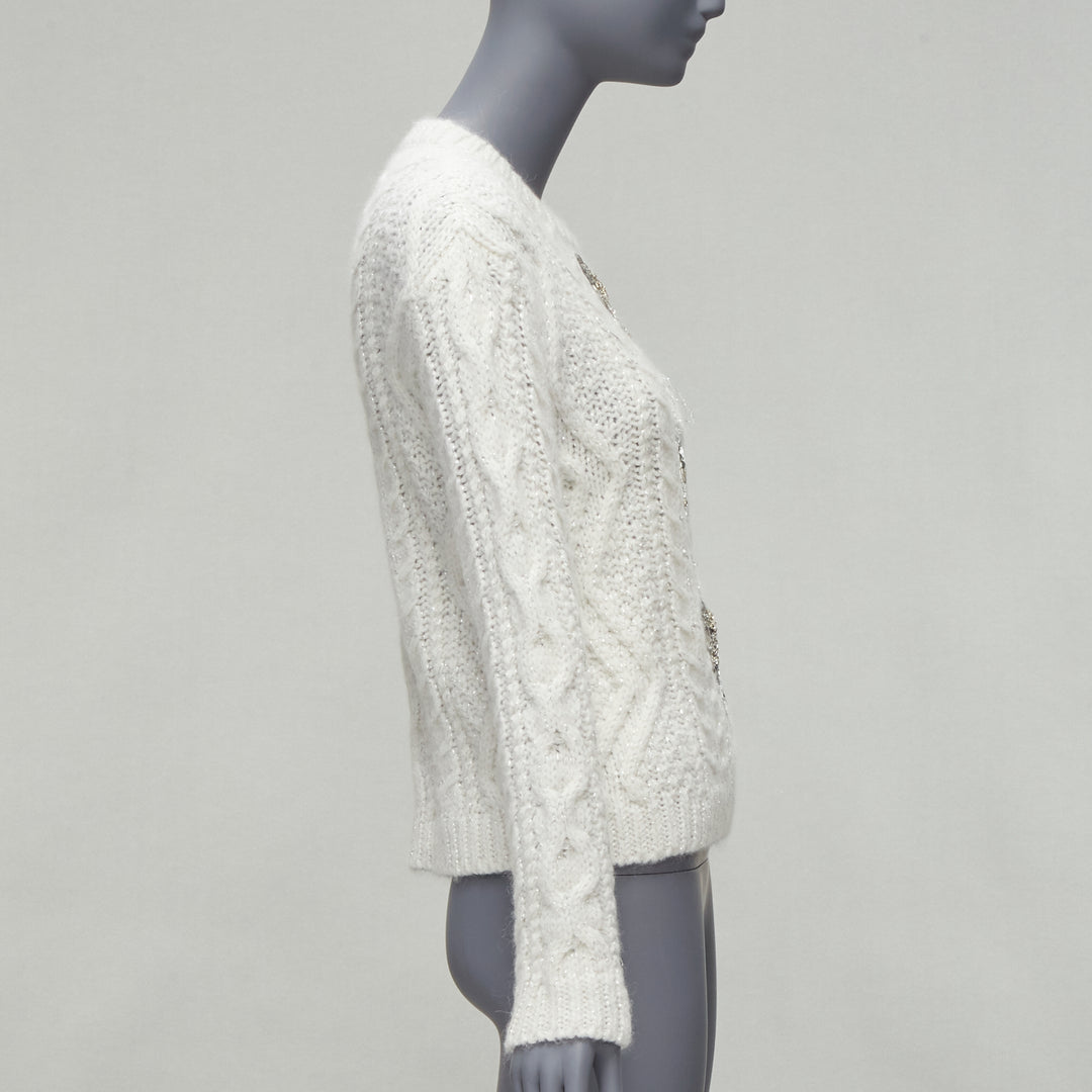 VALENTINO 2021 silver beads sequins bow white lurex cable knit sweater XS