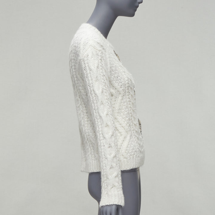 VALENTINO 2021 silver beads sequins bow white lurex cable knit sweater XS