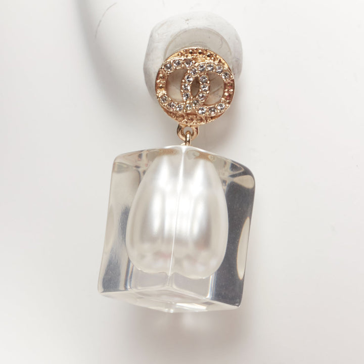 CHANEL A19K CC crystal clear acrylic encased white pearl pin earrings Pair