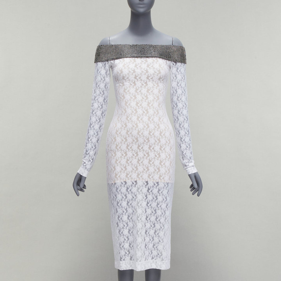 CHRISTOPHER KANE 2019 Runway black crystal off shoulder white lace dress IT38 XS