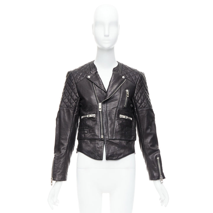BALENCIAGA 2011 black leather quilted silver zip crop moto biker FR38 M