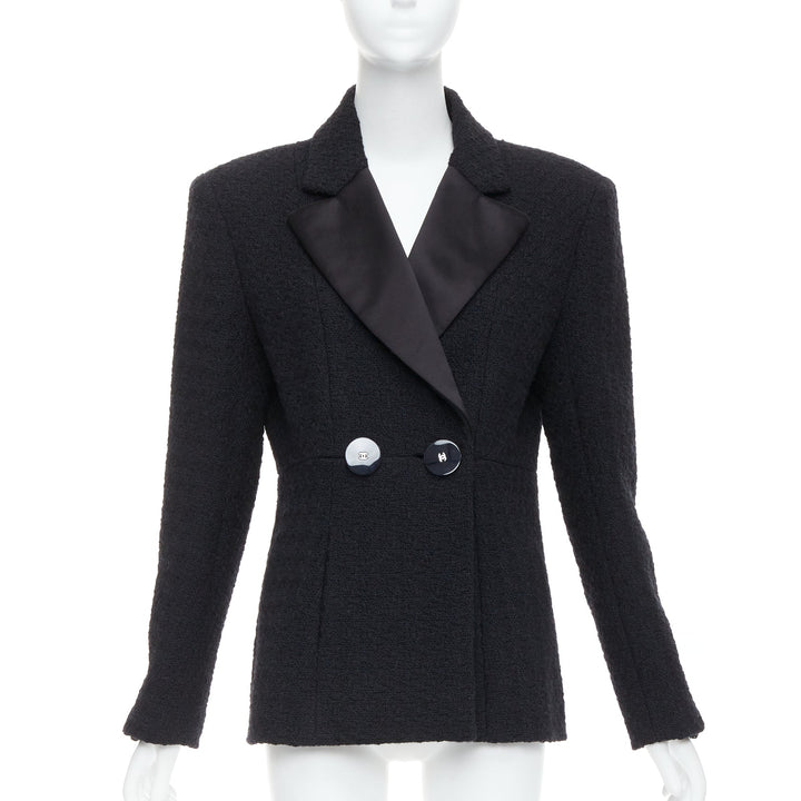 CHANEL 17A Runway Cosmopolite black tweed double breasted tuxedo jacket FR44