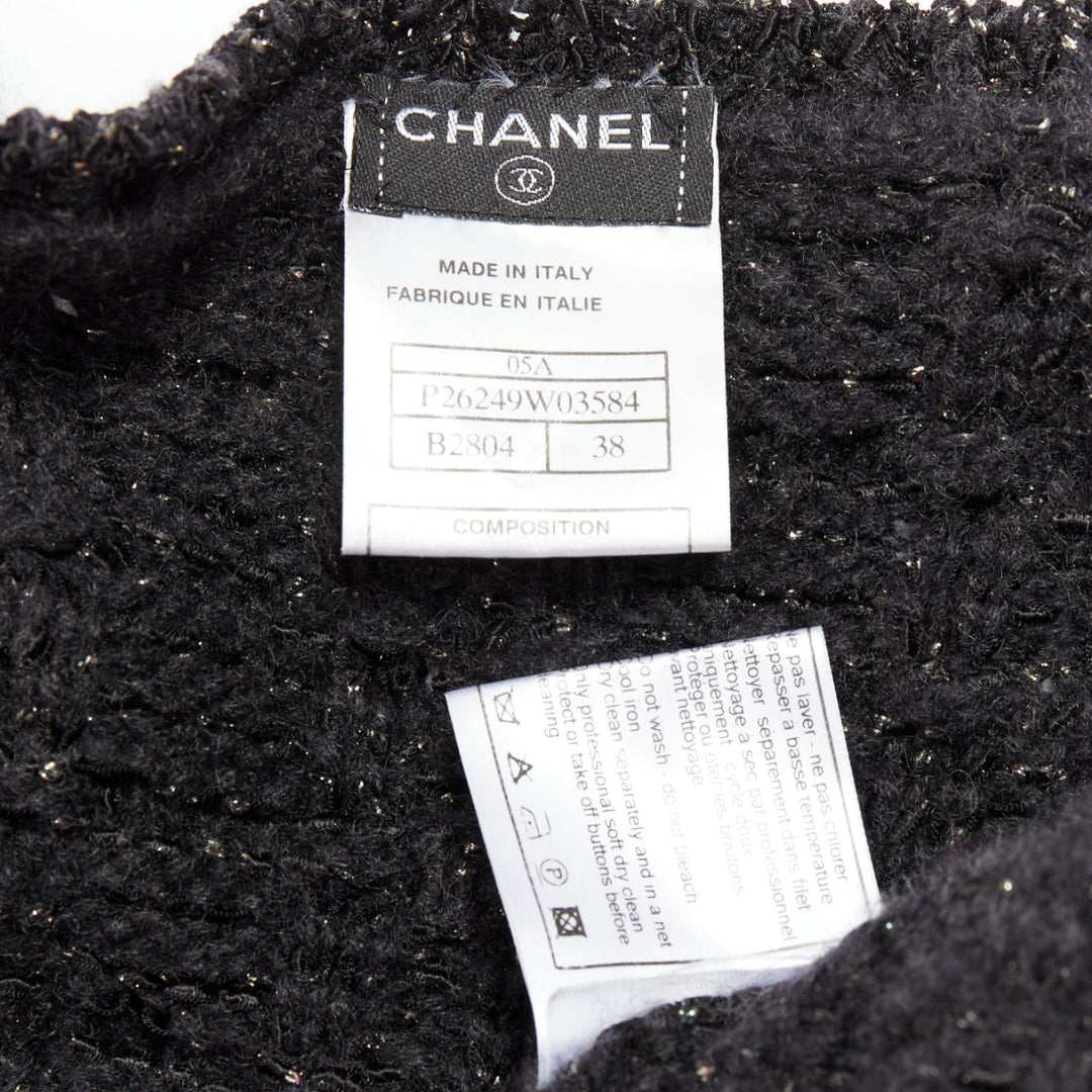 CHANEL 05A black metallic tweed silver CC logo cardigan jacket FR38 M