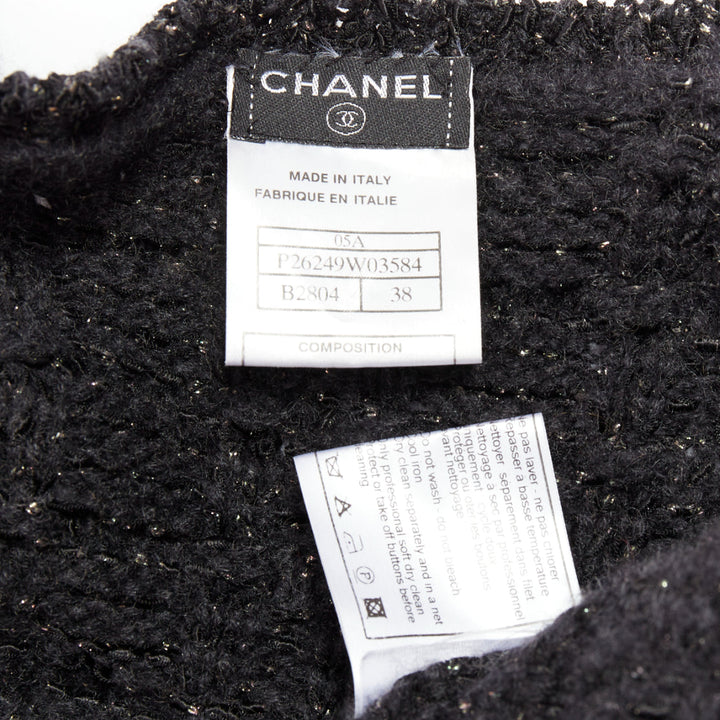 CHANEL 05A black metallic tweed silver CC logo cardigan jacket FR38 M