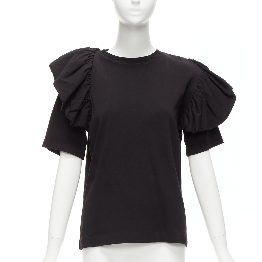 DRIES VAN NOTEN black cotton asymmetric ruffle half sleeve boxy top S