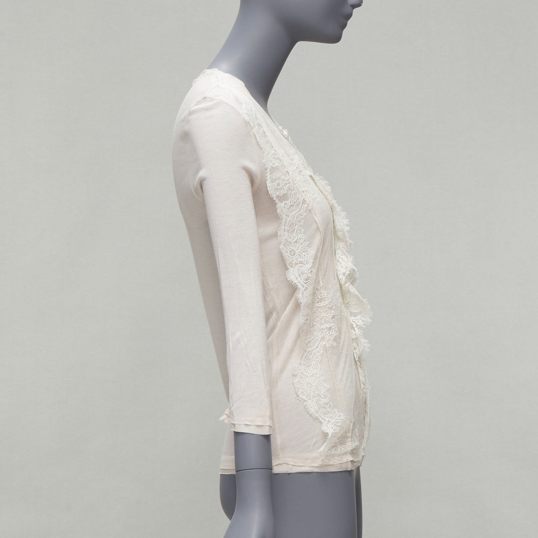 LANVIN off white lace overlay asymmetric cropped 3/4 sleeve top FR32 XXS