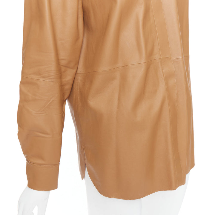 THEORY L Nappa Shine brown lambskin leather panelled shirt XS