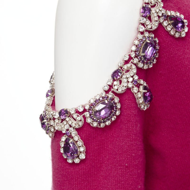 MOSCHINO fuschia pink cashmere crystal jewel cold shoulder cardigan IT36 XS