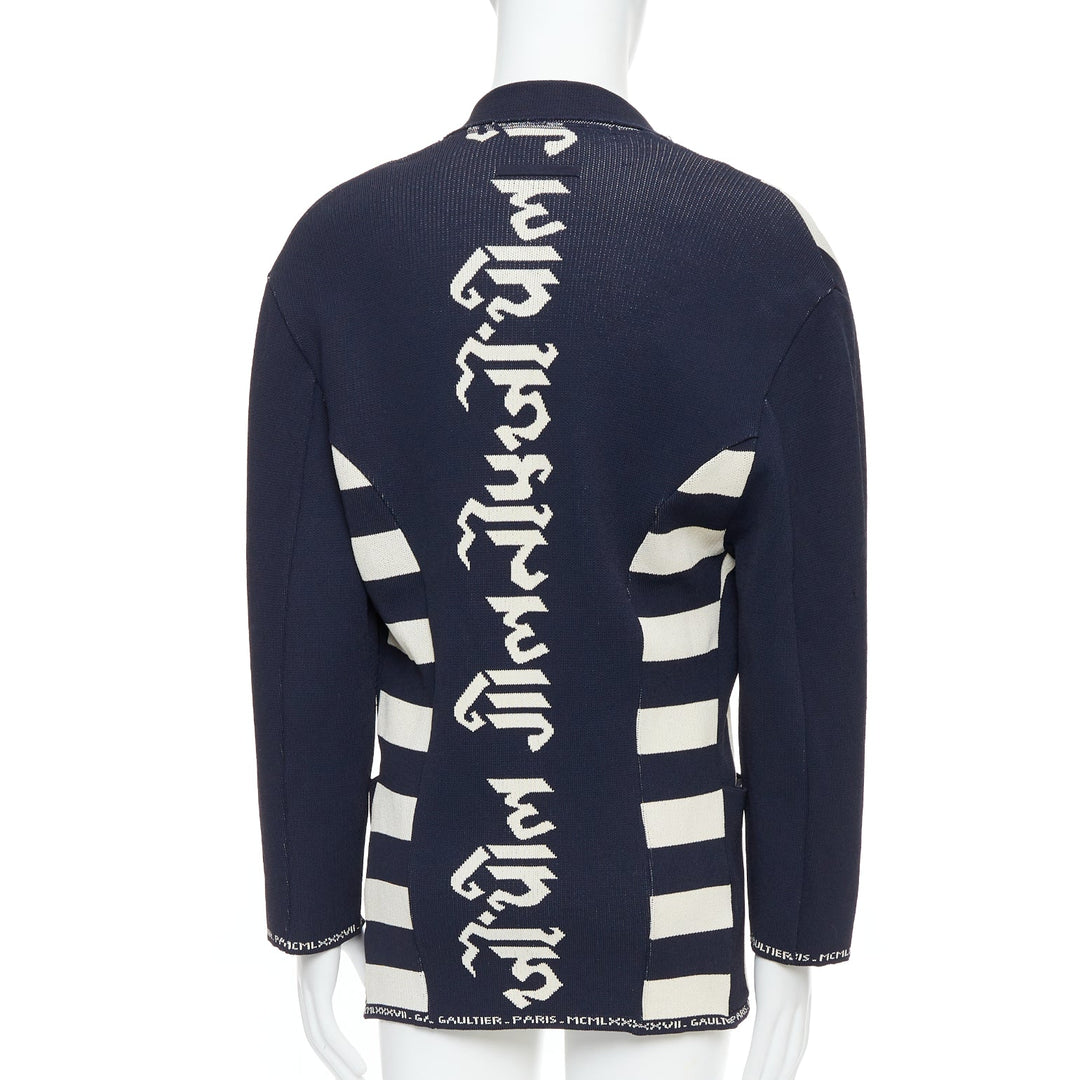 JEAN PAUL GAULTIER EQUATOR 1987 navy white heavy knit graphic jacket FR48 M