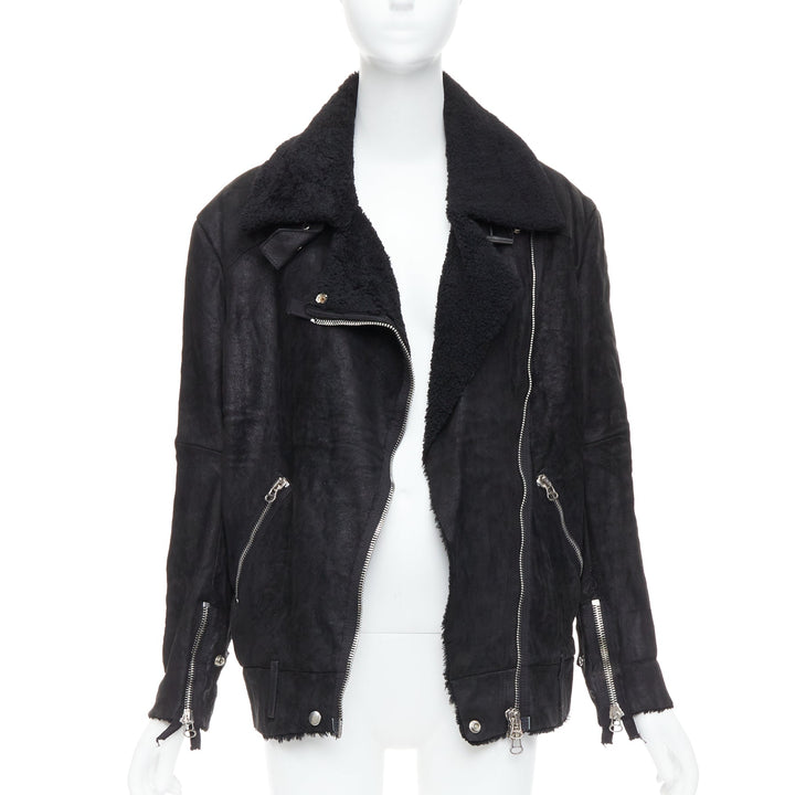 ACNE STUDIOS 2011 Velocite black shearling silver zip oversized biker FR34 XS