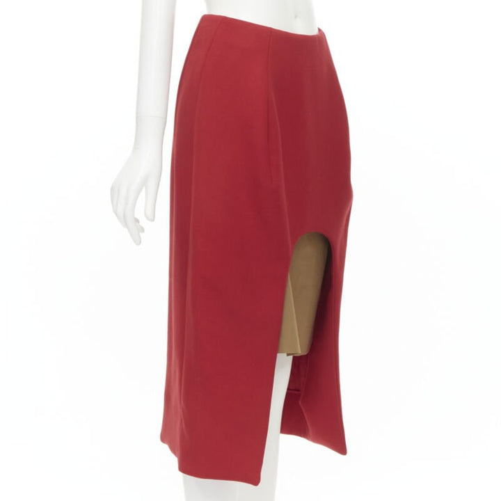 MARNI red wool brown silk lining curved hem midi skirt IT40 S