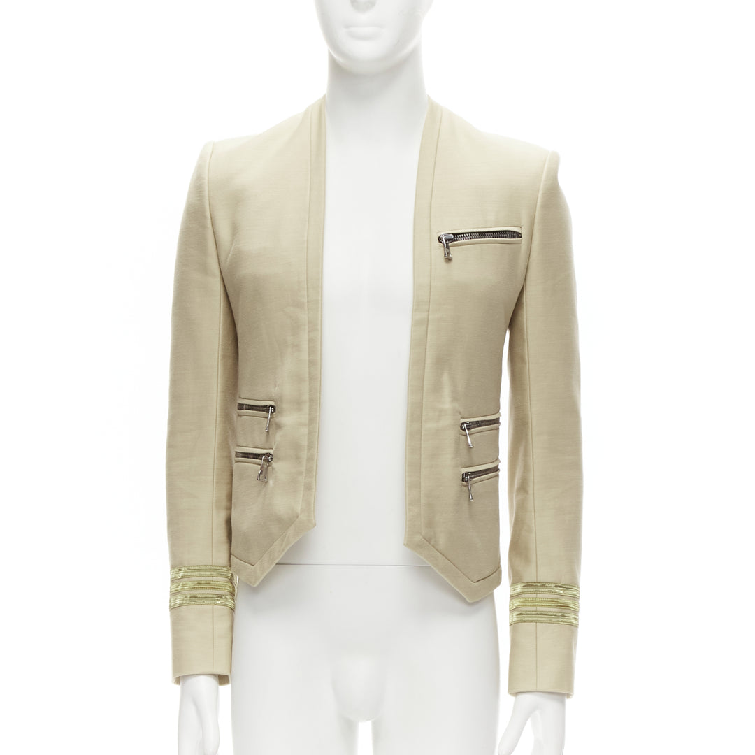 BALMAIN beige cotton military gold trim zippers cropped fitted jacket EU46 S