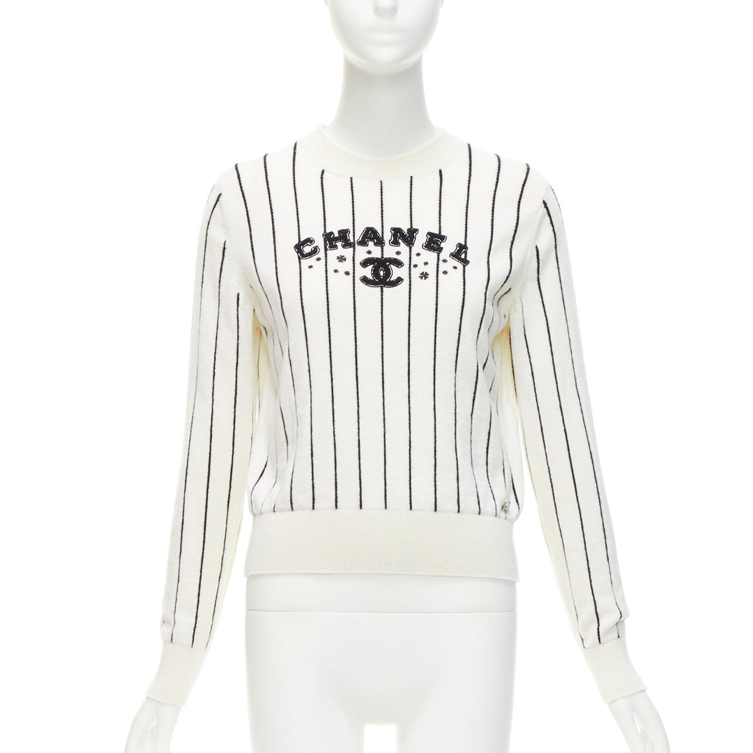 CHANEL 2023 100% cashmere cream black striped logo varsity sweater top FR36 S