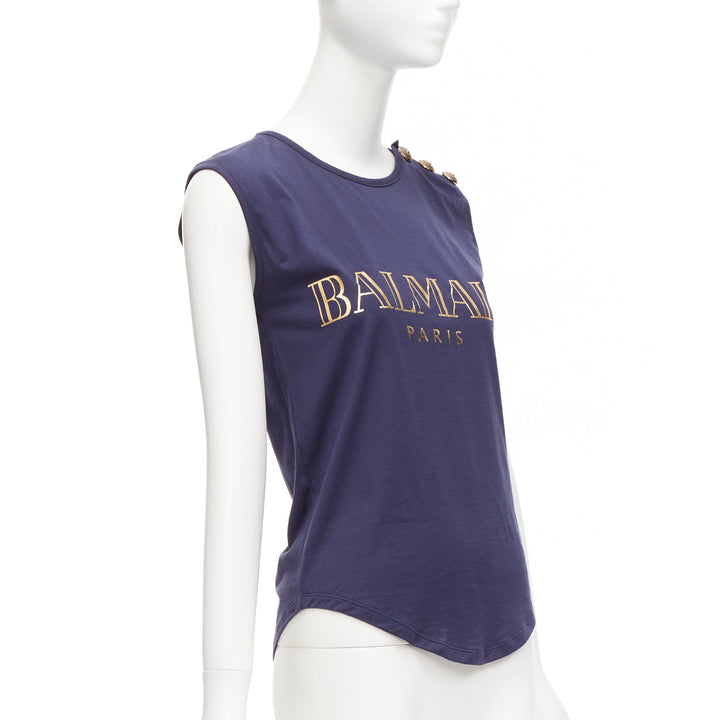 BALMAIN navy gold foil logo military button shoulder tank top FR34 XS