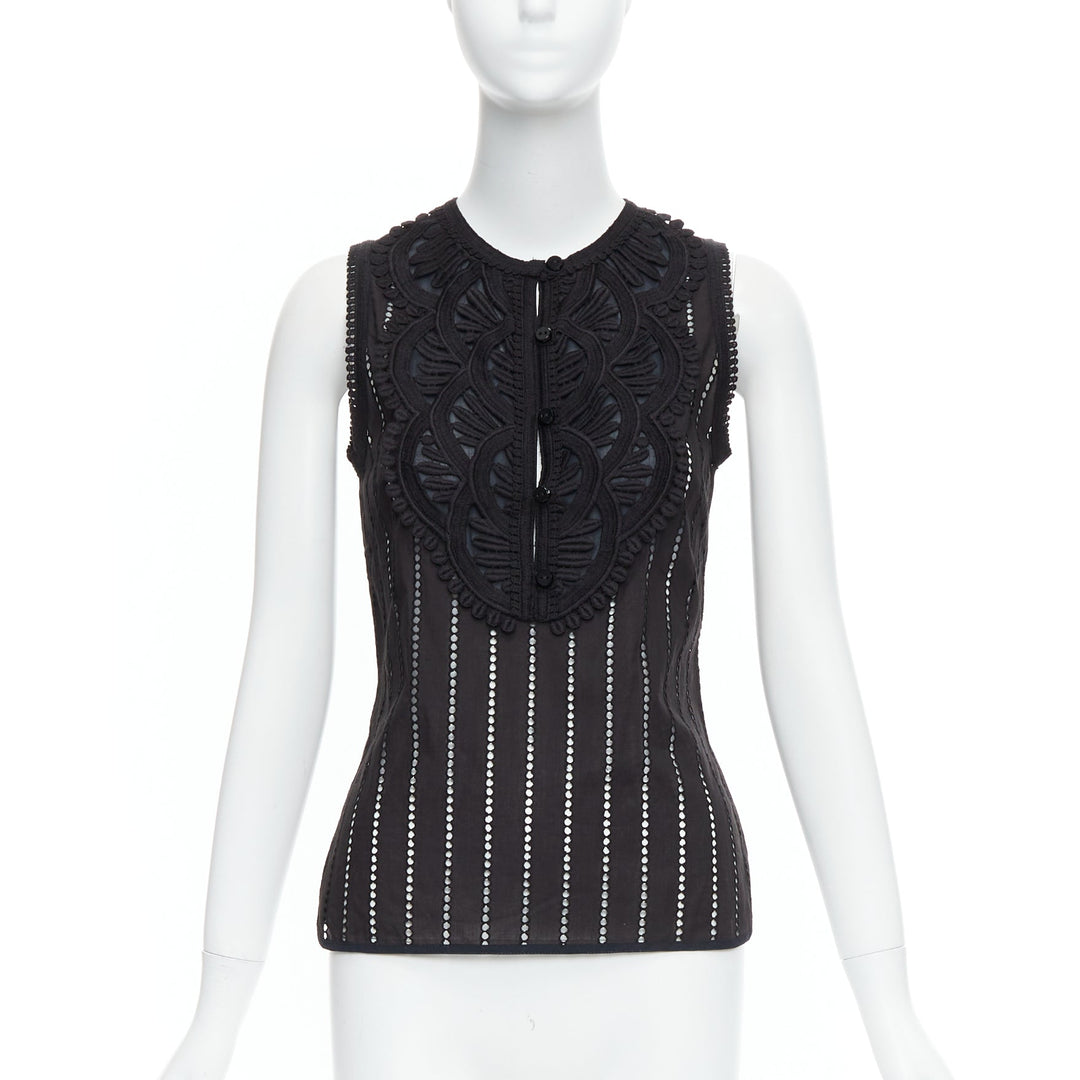 ANDREW GN black eyelet lace lattice geometric buttons sleeveless top FR38 M