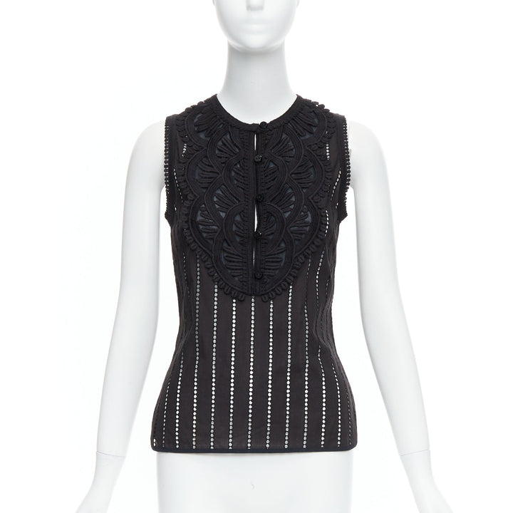 ANDREW GN black eyelet lace lattice geometric buttons sleeveless top FR38 M