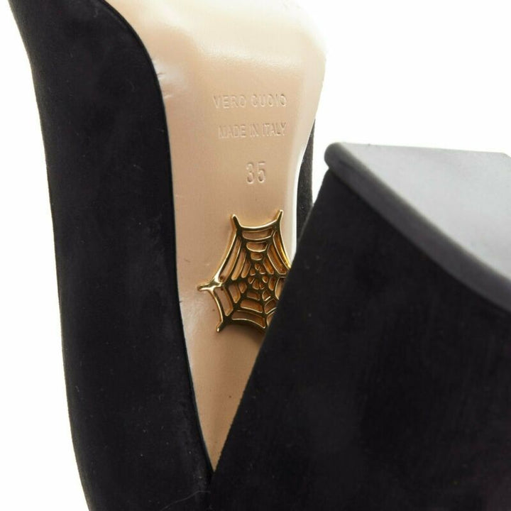 CHARLOTTE OLYMPIA black suede point toe spider embroidered chunky high heel EU35