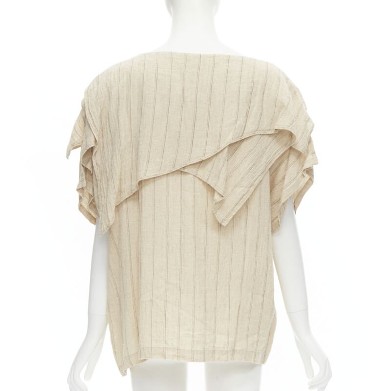 ISSEY MIYAKE 1980's Vintage beige striped linen waterfall ruffle top S Rare