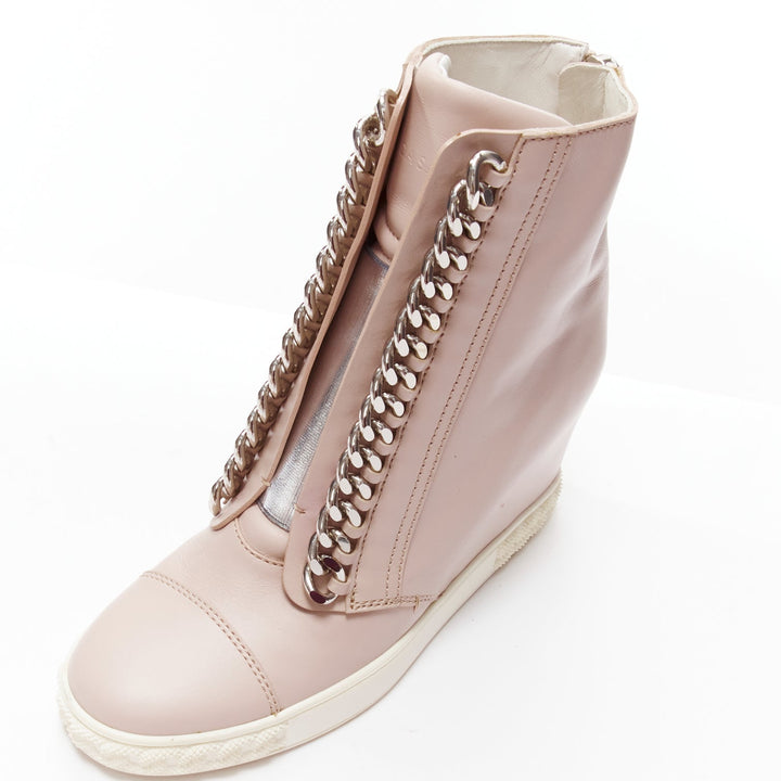 CASADEI pink leather silver chain trim ankle wedge sneakers EU39.5