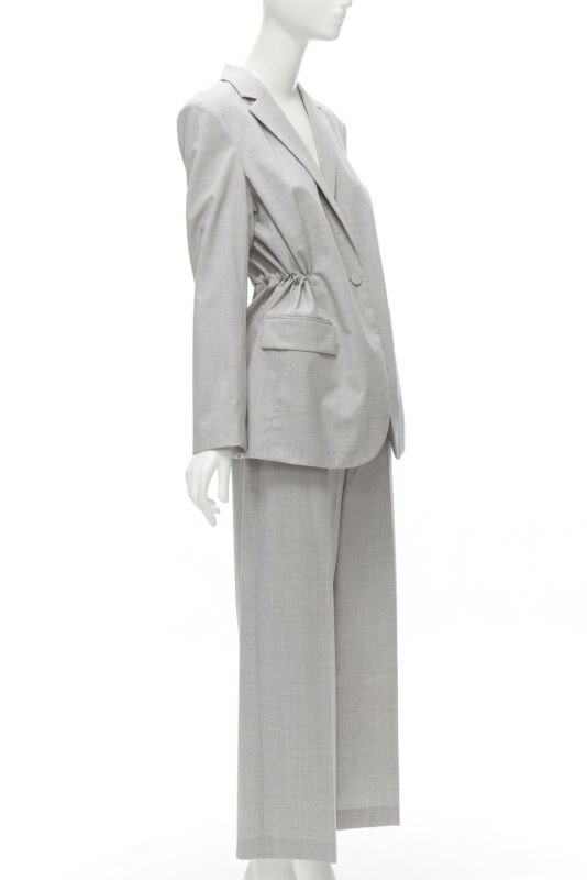 THEORY Drape wool grey drawstring cinched waist blazer wide leg pants set US6 S