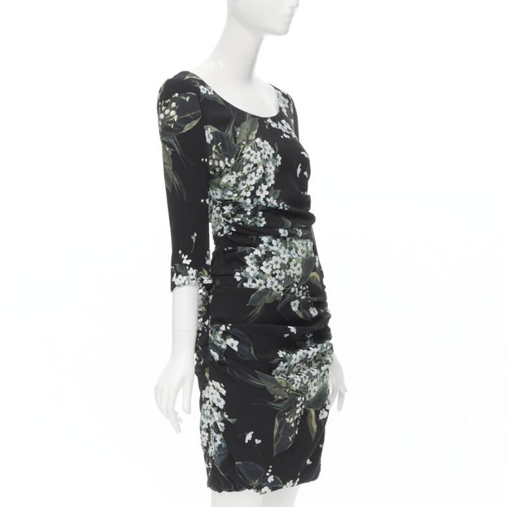 DOLCE GABBANA silk black white green floral print ruched bodycon dress IT40 XS