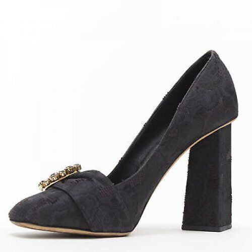 DOLCE GABBANA black brocade strass crystal brooch angular heel pump EU39 US9