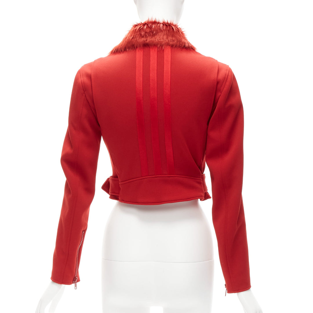 YOHJI YAMAMOTO red faux fur collar 3 stripes belted cropped biker jacket S