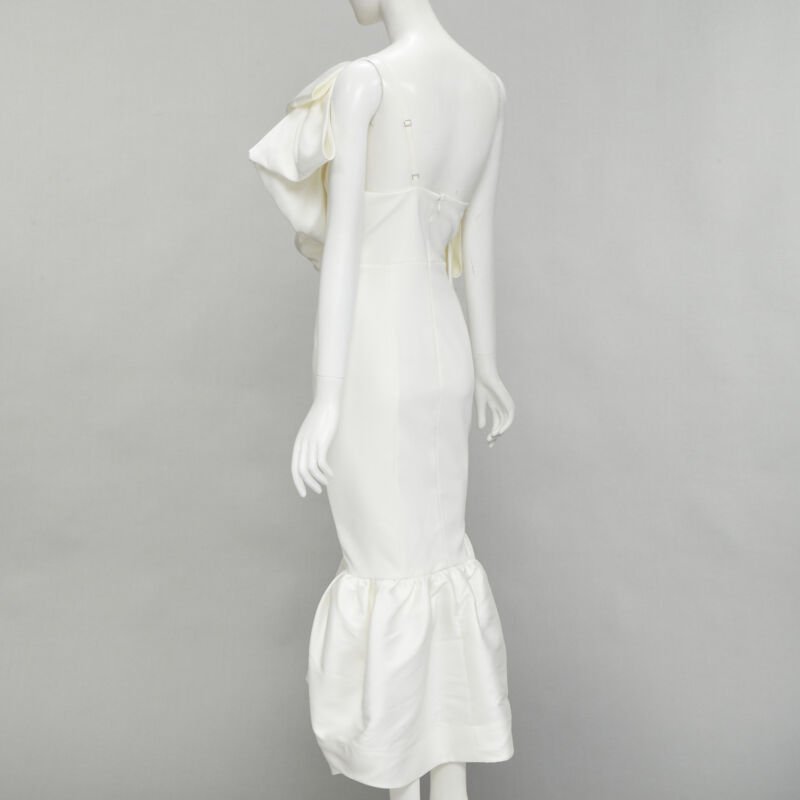 SOLACE Tove Midi white polyester ruffle cascade shoulder flounce dress UK12 M