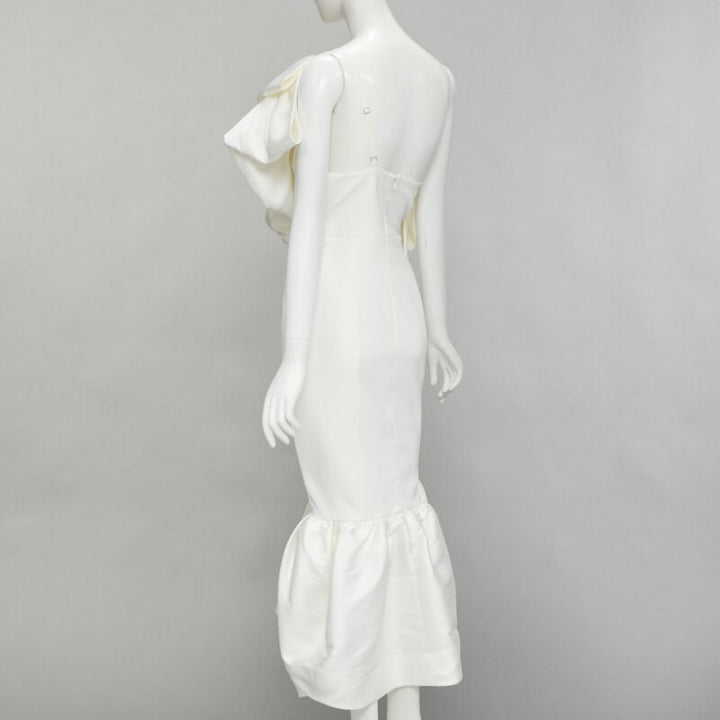 SOLACE Tove Midi white polyester ruffle cascade shoulder flounce dress UK12 M