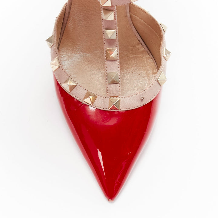 VALENTINO Rockstud red patent leather gold stud caged pump EU38