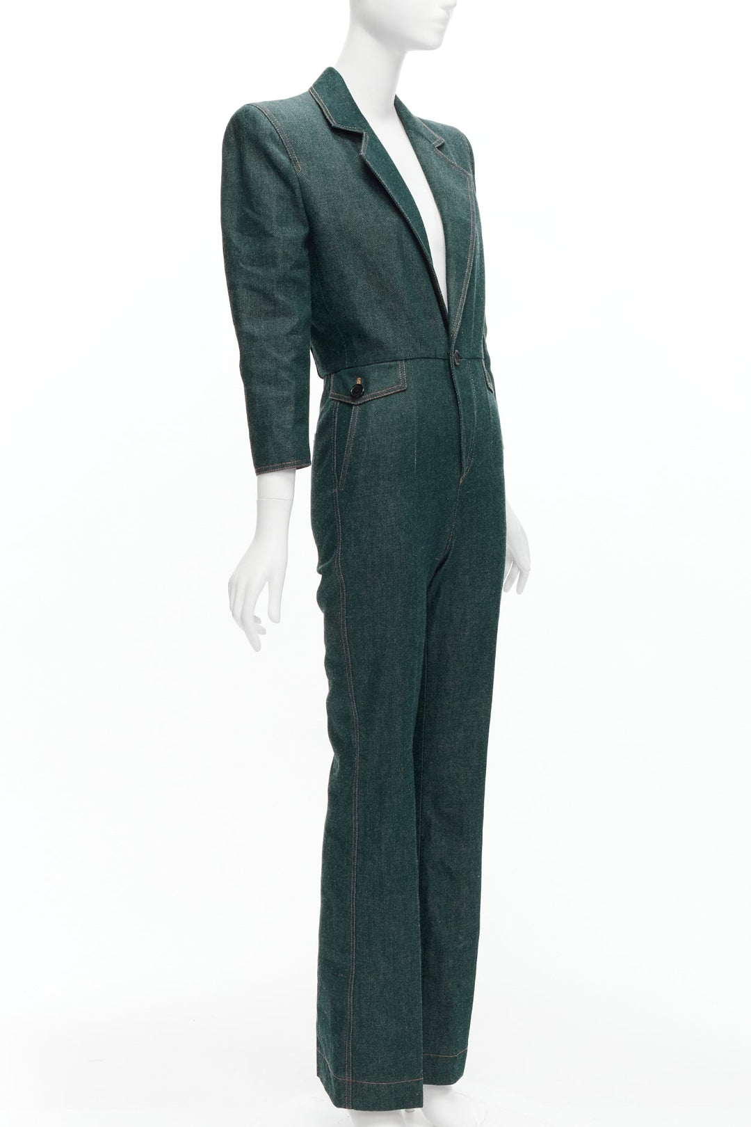 SAINT LAURENT 2022 Runway blue denim pocketed power shoulder jumpsuit FR34 XS