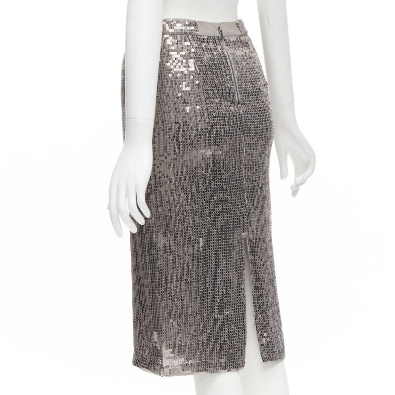 ALICE OLIVIA silver metallic sequins back slit knee length pencil skirt US0 XS