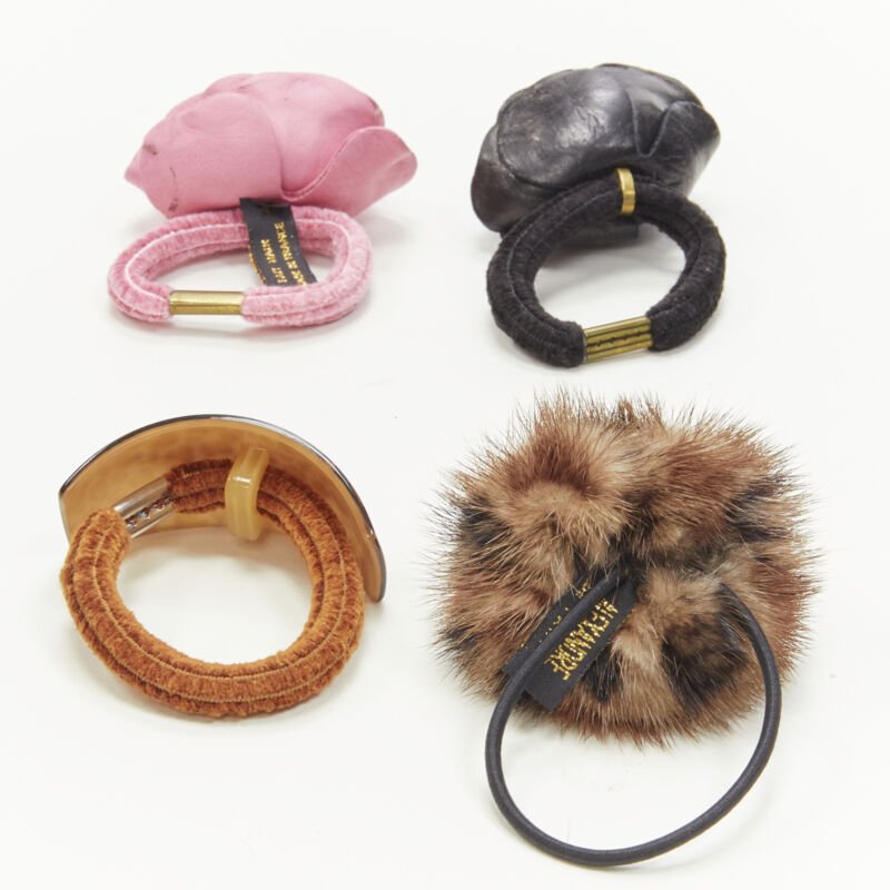 ALEXANDRE DE PARIS Alexander Zouari LOT OF 4 leather rose fur crystal hair tie