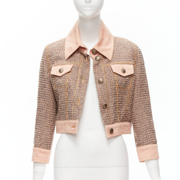 rare CHANEL 2018 Runway pink denim trim tweed CC button cropped jacket FR36 S