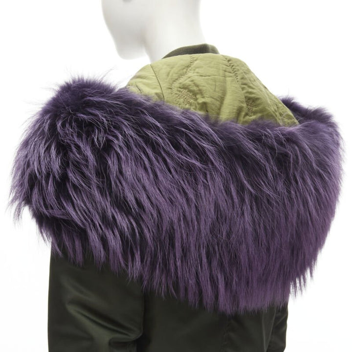 MR AND MRS ITALY green nylon purple fox fur fully lined MA-1 bomber jacket XS