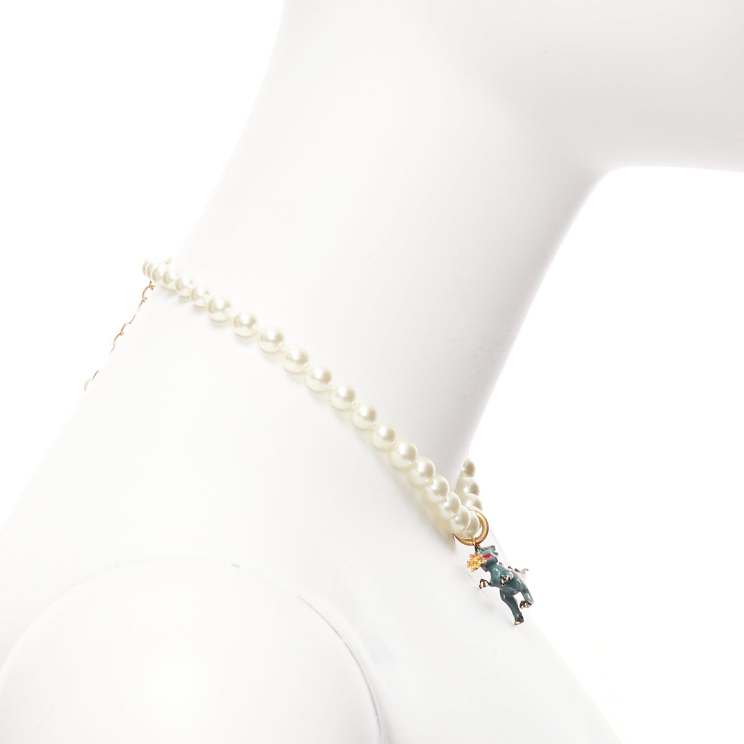 rare DIOR CD logo green fire dinosaur dragon pendant pearl choker necklace
