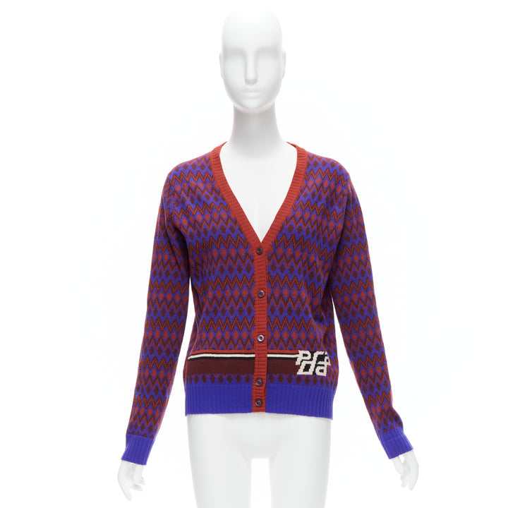 PRADA 2018 purple wool cashmere racing logo chevron intarsia cardigan IT38 XS