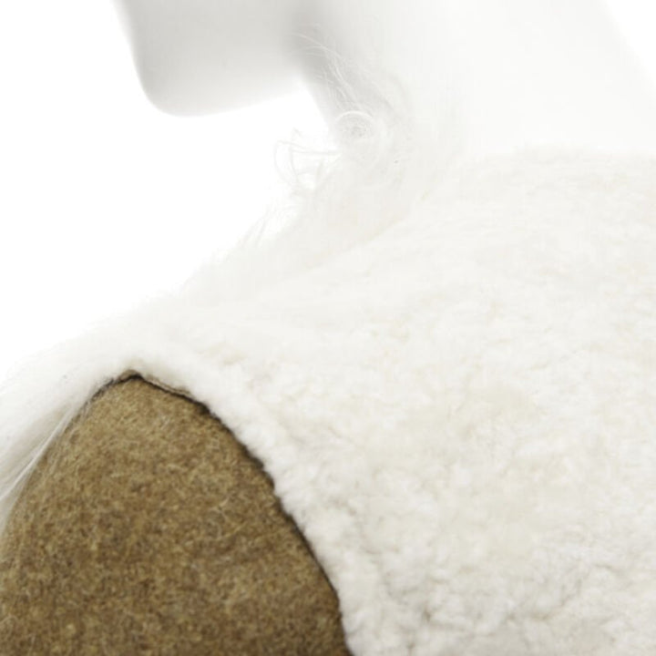 MARNI 2011 cream lamb shearling fur brown wool sleeves winter coat IT38 XS
