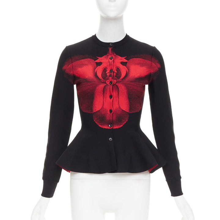 ALEXANDER MCQUEEN 2023 Ethereal Orchid red floral jacquard peplum cardigan S