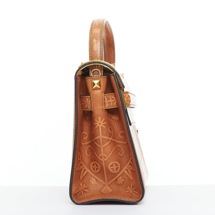 VALENTINO 2017 Santeria My Rockstud brown embossed top handle satchel bag