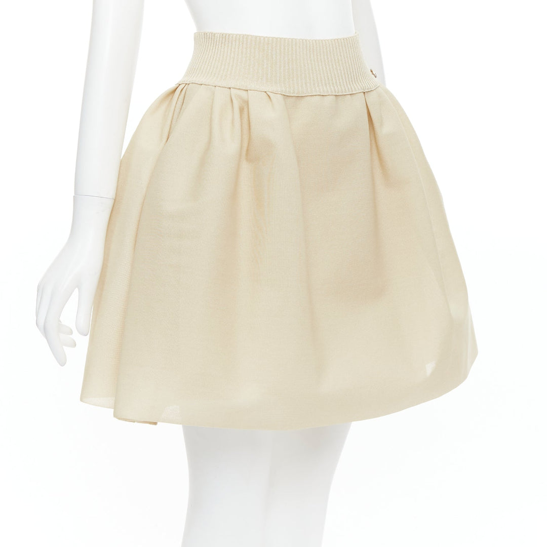 CHANEL light beige gold CC logo button flared skater skirt FR40 L
