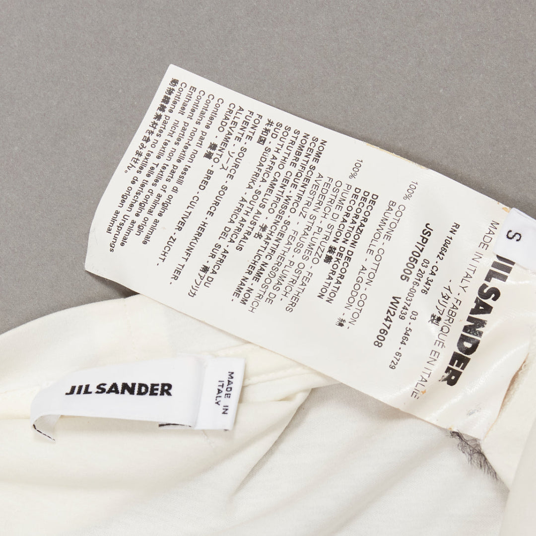 JIL SANDER white cotton black ostrich feather trim crew neck tshirt S