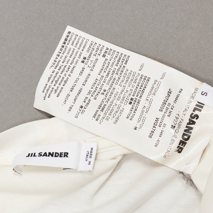 JIL SANDER white cotton black ostrich feather trim crew neck tshirt S